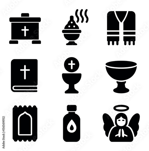 Christian Rituals Icons. Solid, filled icons set of Christian prayer rituals: altar, incense, prayer shawl,
