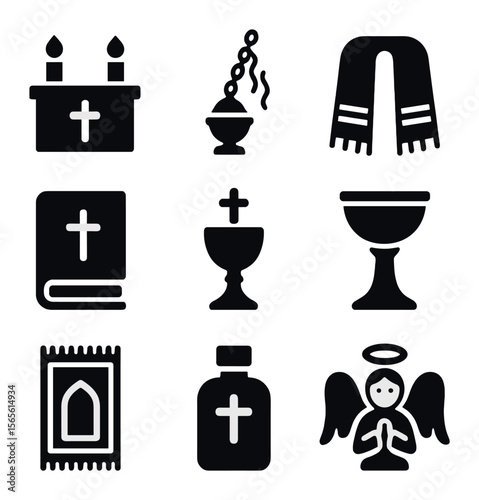 Christian Rituals Icons. Solid, filled icons set of Christian prayer rituals: altar, incense, prayer shawl,
