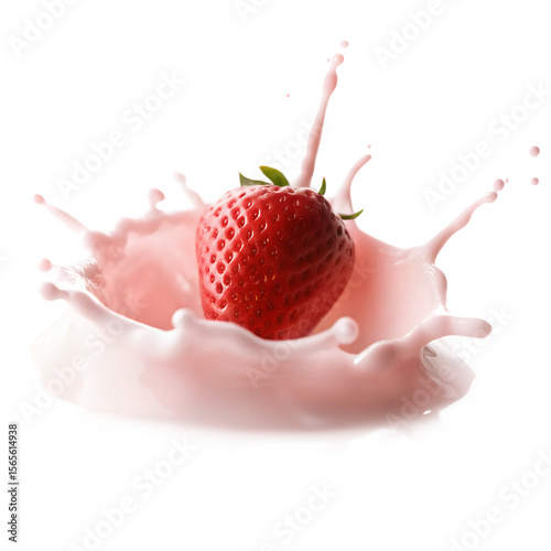 Fresh strawberry splash in creamy pink liquid, cut out transparent