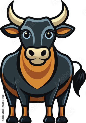 Cartoon bull with big eyes and horns standing proudly facing forward silhouette .eps