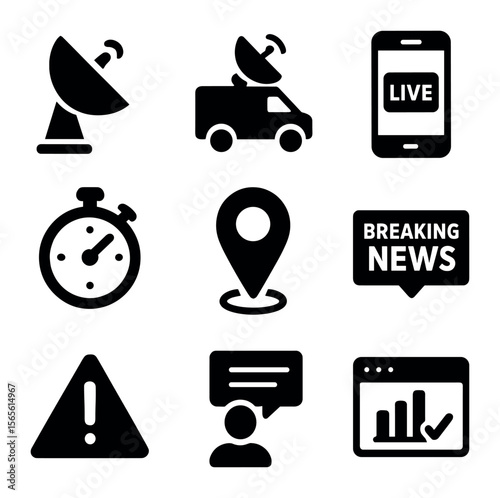 Real-Time News Icons. Solid, filled icons set of real-time news reporting: satellite dish, live broadcast van,