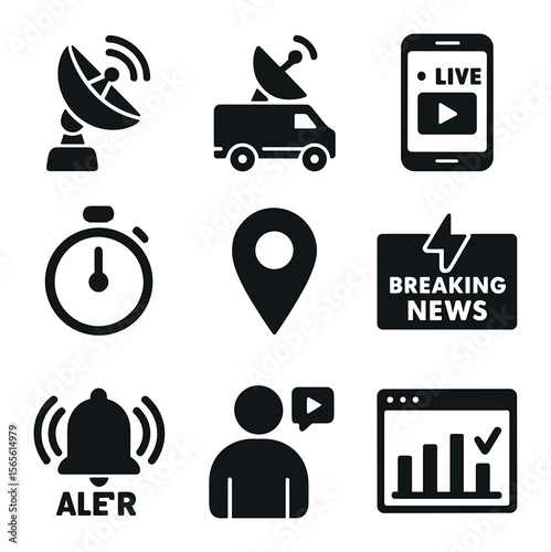 Real-Time News Icons. Solid, filled icons set of real-time news reporting: satellite dish, live broadcast van,