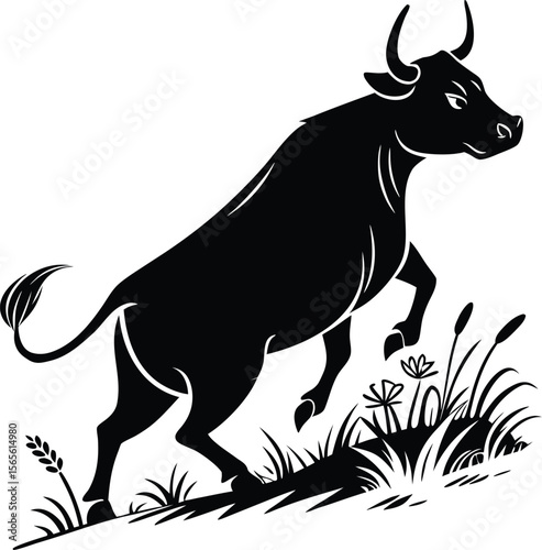Powerful black bull charging forward through grass and flowers in a dynamic silhouette style .eps