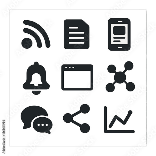 Online News Icons. Solid, filled icons set of online news distribution: RSS feed, newsletter, mobile app, push
