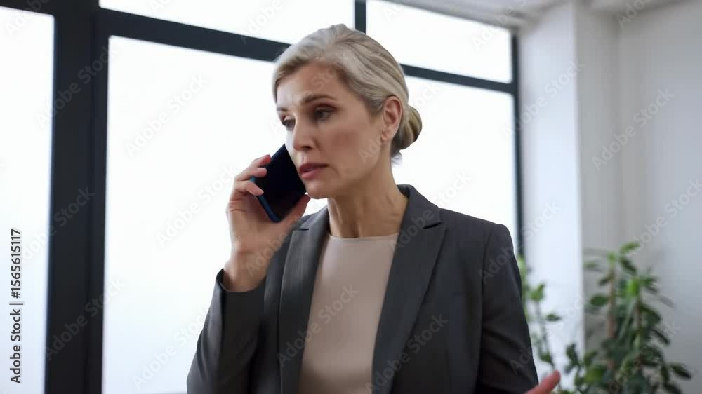 Businesswoman discusses with phone, gesturing, near window Businesswoman discusses with phone, gesturing, near window