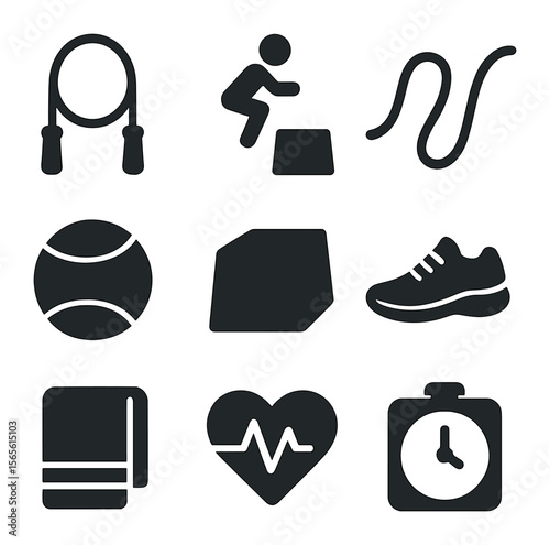 Functional Fitness Icons. Solid, filled icons set of functional fitness: jump rope, box jumps, battle ropes,