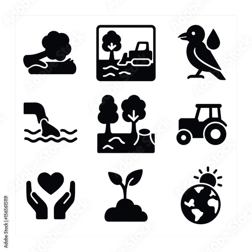 Ecosystem Disruption Icons. Solid, filled icons set of ecosystem disruption: fallen tree, habitat destruction,
