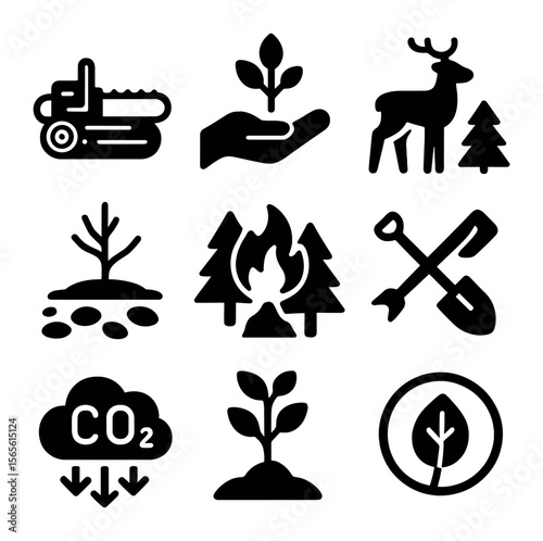 Sustainable Forestry Icons. Solid, filled icons set of sustainable forestry issues: logging, tree planting,