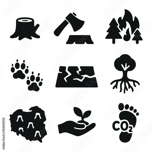 Forest Degradation Icons. Solid, filled icons set of forest degradation: cut tree, axe, forest fire, animal