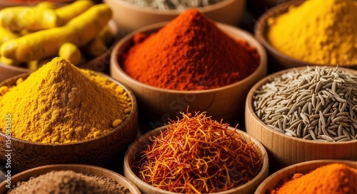 Colorful spices and herbs in wooden bowls for cooking and seasoning food for sale in the market 