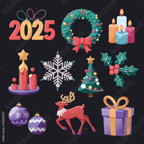 vector Happy New Year Celebrating 2025 in Latin letters , Christmas Decoration Items Santa Claus

