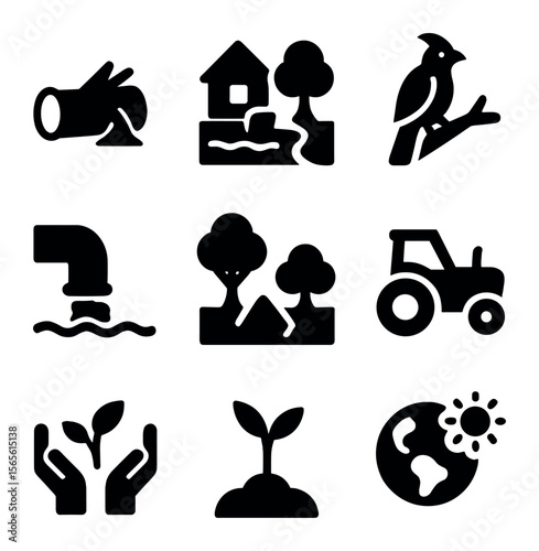 Ecosystem Disruption Icons. Solid, filled icons set of ecosystem disruption: fallen tree, habitat destruction,