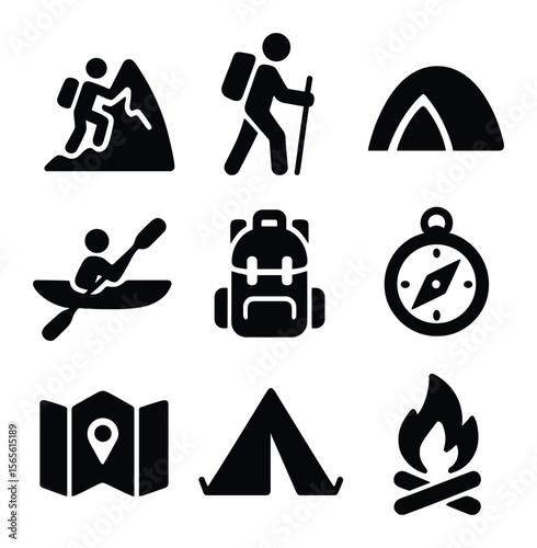 Outdoor Adventure Icons. Solid, filled icons set of outdoor adventure: mountain climbing, hiking, camping,
