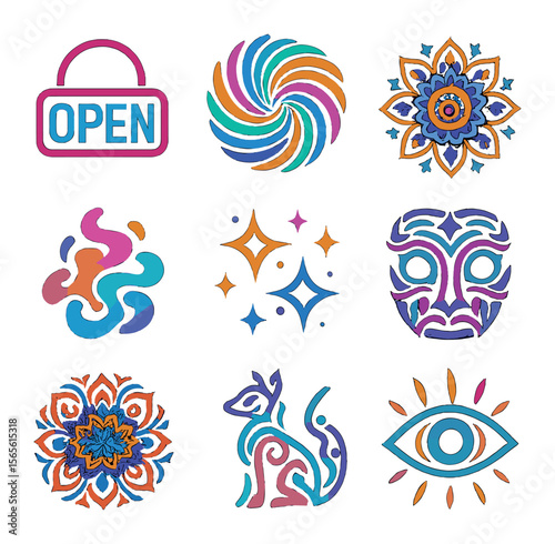 Psychedelic Icons Grid. Solid, filled icons set of psychedelic festival elements: neon lights, swirling