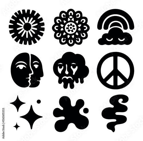 Psychedelic Icon Grid. Solid, filled icons set of psychedelic art elements: tie-dye patterns, mandalas, acid