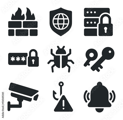 Network Security Icons. Solid, filled icons set of network security: firewall, VPN, secure server, password,