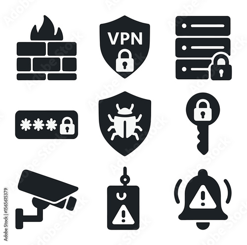 Network Security Icons. Solid, filled icons set of network security: firewall, VPN, secure server, password,