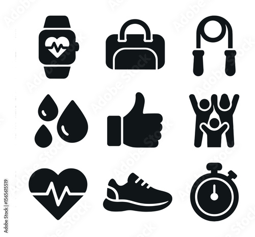 Fitness Icon Collection. Solid, filled icons set of collective fitness motivation: fitness tracker, gym bag,
