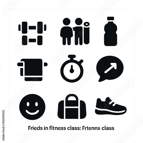 Fitness Icons Grid. Solid, filled icons set of friends in fitness class: dumbbells, yoga mats, water bottles,