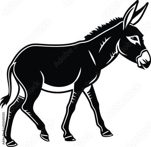 A striking black silhouette of a donkey walking with its ears pointed forward and tail held high .eps