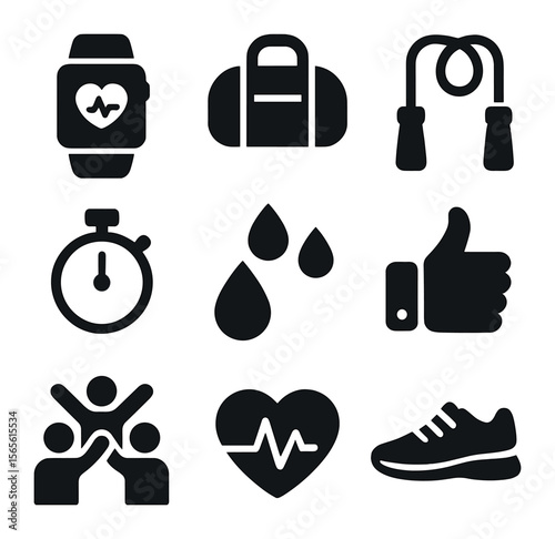 Fitness Icon Collection. Solid, filled icons set of collective fitness motivation: fitness tracker, gym bag,