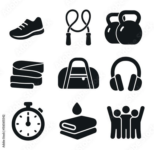 Fitness Icon Collection. Solid, filled icons set of group exercise session: running shoes, jump ropes,