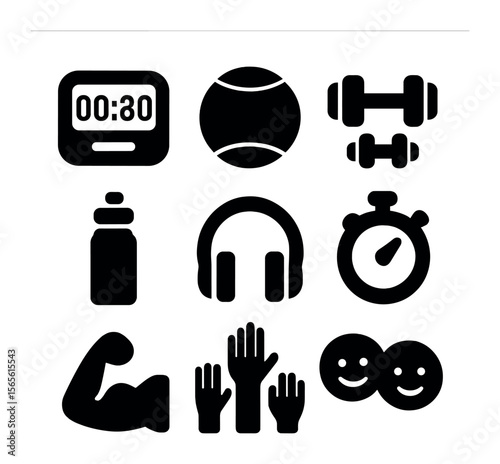 Fitness Icons Grid. Solid, filled icons set of fitness class energy: gym timer, yoga ball, dumbbells, water