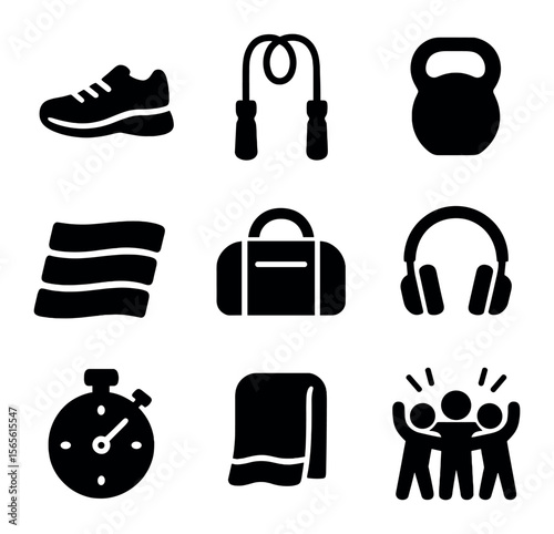 Fitness Icon Collection. Solid, filled icons set of group exercise session: running shoes, jump ropes,
