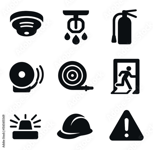 Fire Safety Icons. Solid, filled icons set of fire prevention tools: smoke detector, sprinkler system, fire