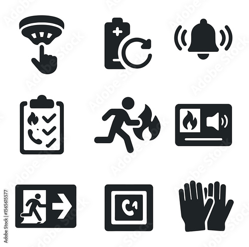 Fire Safety Icons. Solid, filled icons set of fire safety checks: smoke detector test, battery replacement,