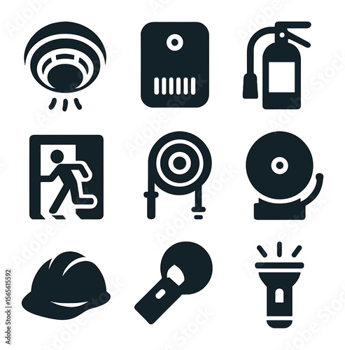 Home Fire Safety Icons. Solid, filled icons set of home fire safety equipment: smoke detector, carbon monoxide