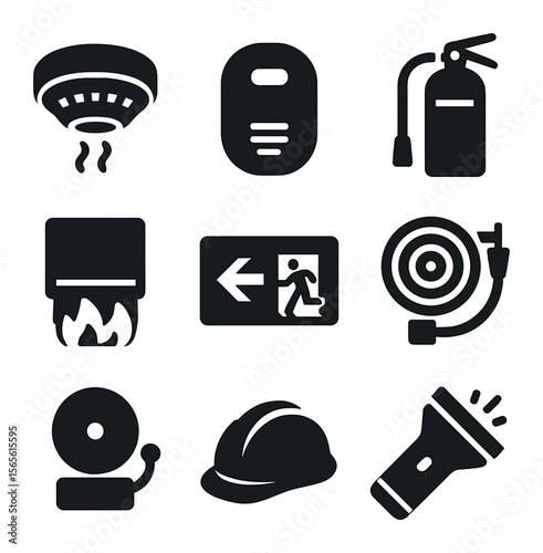 Home Fire Safety Icons. Solid, filled icons set of home fire safety equipment: smoke detector, carbon monoxide