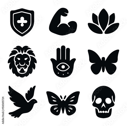 Tattoo Symbolism Icons. Solid, filled icons set of tattoo symbolism meanings: protection, strength, fertility,