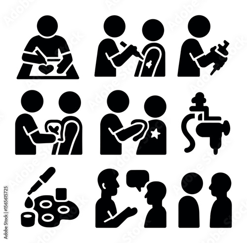 Tattoo Artist Icon Set. Solid, filled icons set of tattoo artist actions: sketching, outlining, shading,
