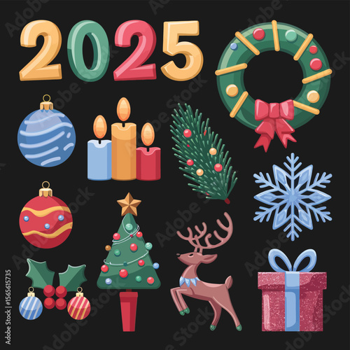 vector Happy New Year Celebrating 2025 in Latin letters , Christmas Decoration Items Santa Claus
