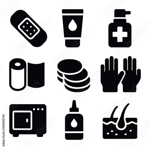Tattoo Aftercare Icons. Solid, filled icons set of tattoo aftercare and hygiene: bandage, ointment tube,