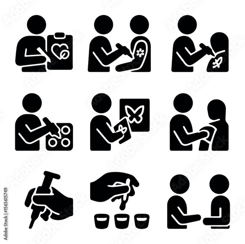 Tattoo Artist Icon Set. Solid, filled icons set of tattoo artist actions: sketching, outlining, shading,