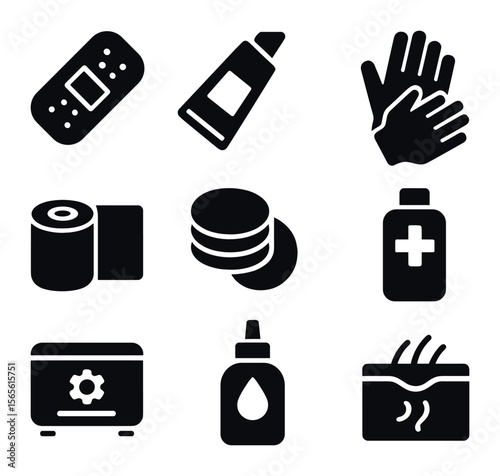 Tattoo Aftercare Icons. Solid, filled icons set of tattoo aftercare and hygiene: bandage, ointment tube,