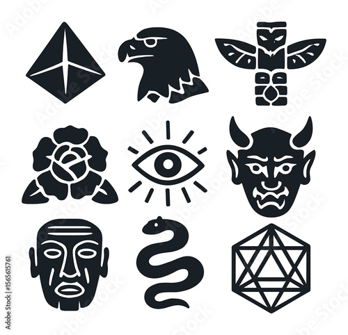 Tattoo Icon Grid. Solid, filled icons set of traditional tattoo motifs: geometric shapes, animals, totems,