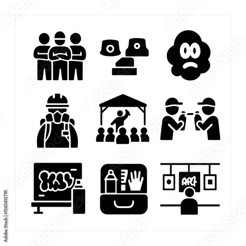 Graffiti Culture Icons. Solid, filled icons set of graffiti culture: graffiti crew, spray paint caps, graffiti