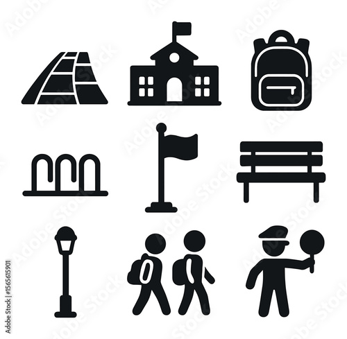 School Pathway Icons. Solid, filled icons set of school pathways: paved walkway, school building, backpack,