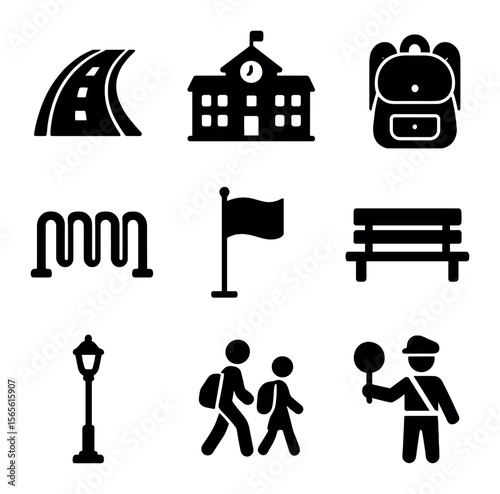 School Pathway Icons. Solid, filled icons set of school pathways: paved walkway, school building, backpack,
