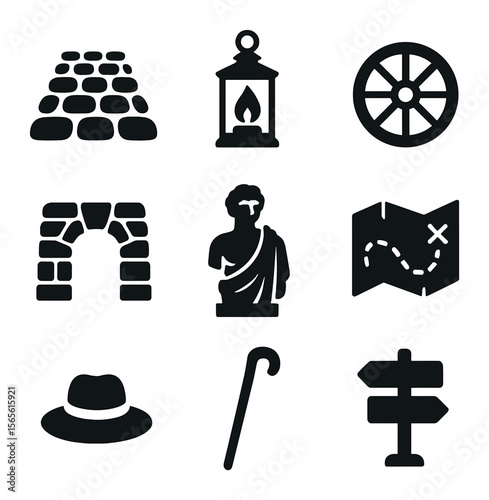 Historical Pathway Icons. Solid, filled icons set of historical pathways: cobblestone street, old lantern,
