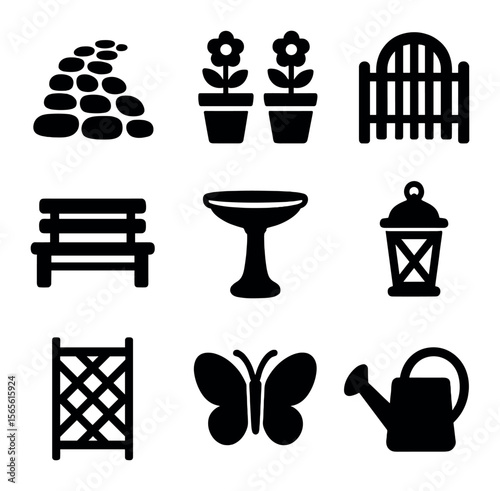 Garden Path Icons. Solid, filled icons set of garden paths: cobblestone, flower pots, garden gate, bench,