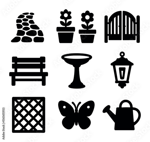 Garden Path Icons. Solid, filled icons set of garden paths: cobblestone, flower pots, garden gate, bench,