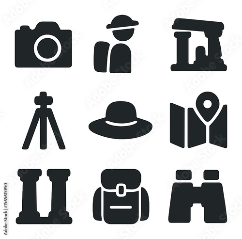 Historic Site Icons. Solid, filled icons set of historic site photography: camera, traveler, ancient ruins,