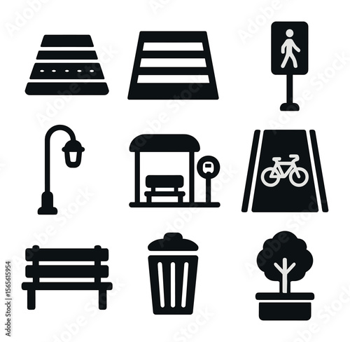 Urban Pathway Icons. Solid, filled icons set of urban pathways: sidewalk, crosswalk, pedestrian light, street