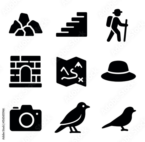 Mountain Ruins Icons. Solid, filled icons set of mountain ruins expedition: rocky terrain, stone stairs,