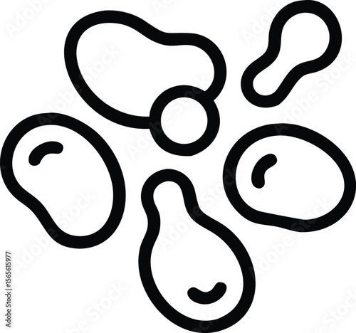 Black line art illustration of cell cluster or bacterium in scientific context