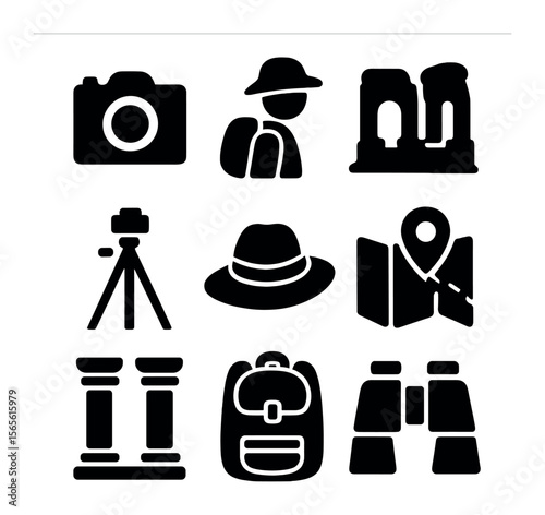 Historic Site Icons. Solid, filled icons set of historic site photography: camera, traveler, ancient ruins,